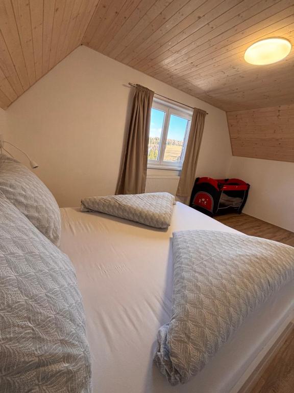 a bedroom with two beds and a window at Nachtigal's Ore Mountains Residence in Kovářská