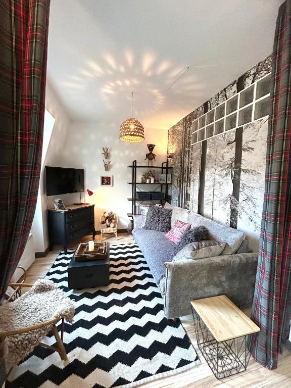 un salon avec un canapé et un tapis dans l'établissement Cosy T2 au Mont Dore Sauna privé et vue montagne proche thermes, à Le Mont-Dore