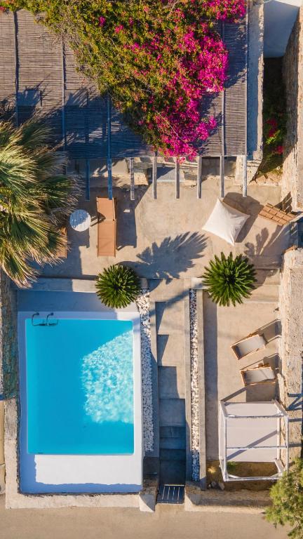 an overhead view of a swimming pool with chairs and trees at Villa Infinium TWO, Sunset views 10' from Mykonos town! in Agios Stefanos