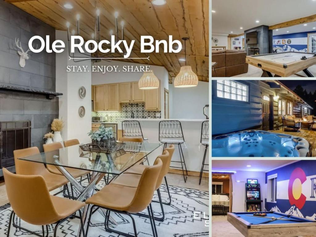 a collage of photos of a dining room and a house at Mountain Mansion With A Hot Tub And A Sauna in Morrison