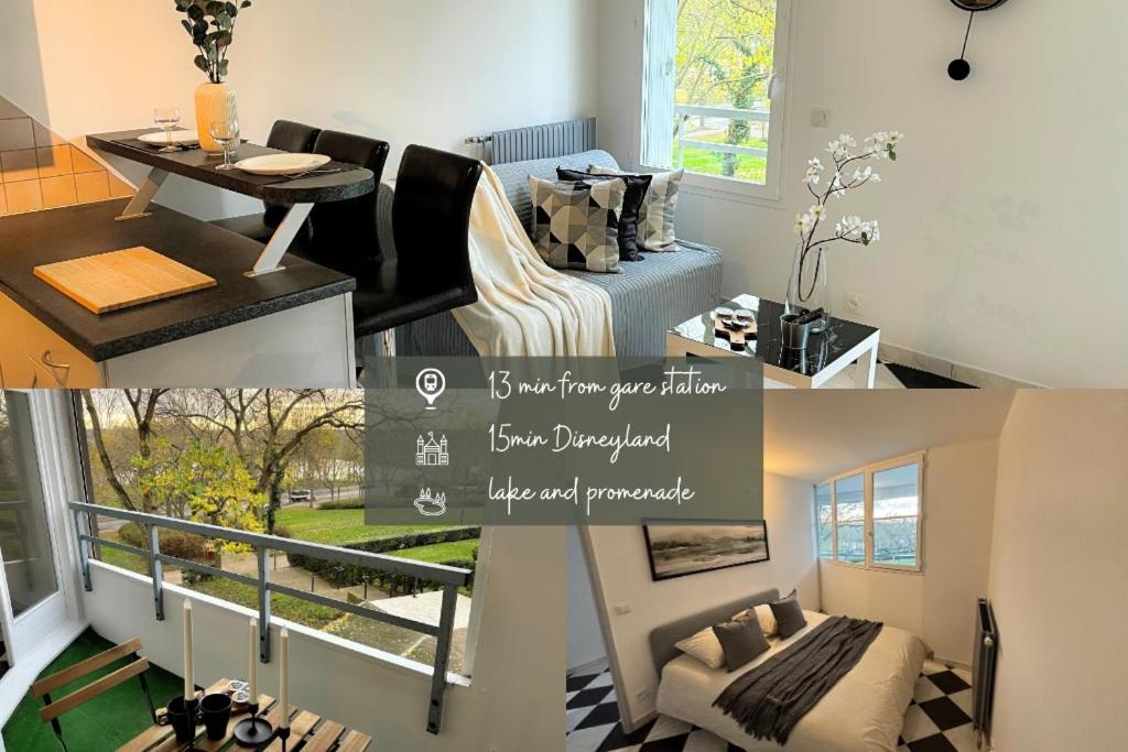 a collage of photos of a living room and a kitchen at Évasion proche Disneyland in Torcy