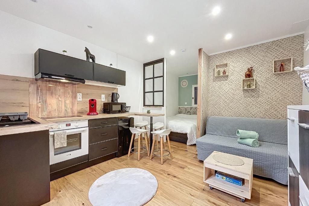 une cuisine et un salon avec un canapé et une table dans l'établissement Charming studio near the city center of Narbonne, à Narbonne