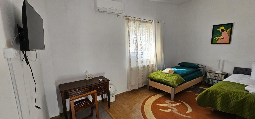 ein Schlafzimmer mit Bett, Schreibtisch und Fernseher in der Unterkunft Ascunzis in Bicaz