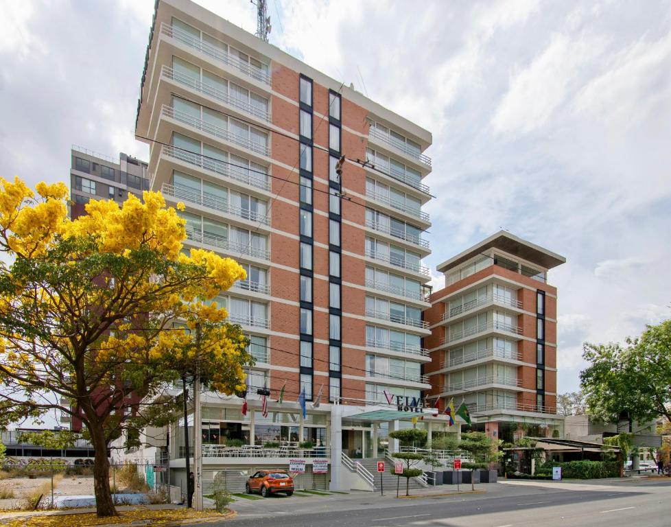 a tall building on a city street with a tree at Hotel Velvet Plaza in Guadalajara