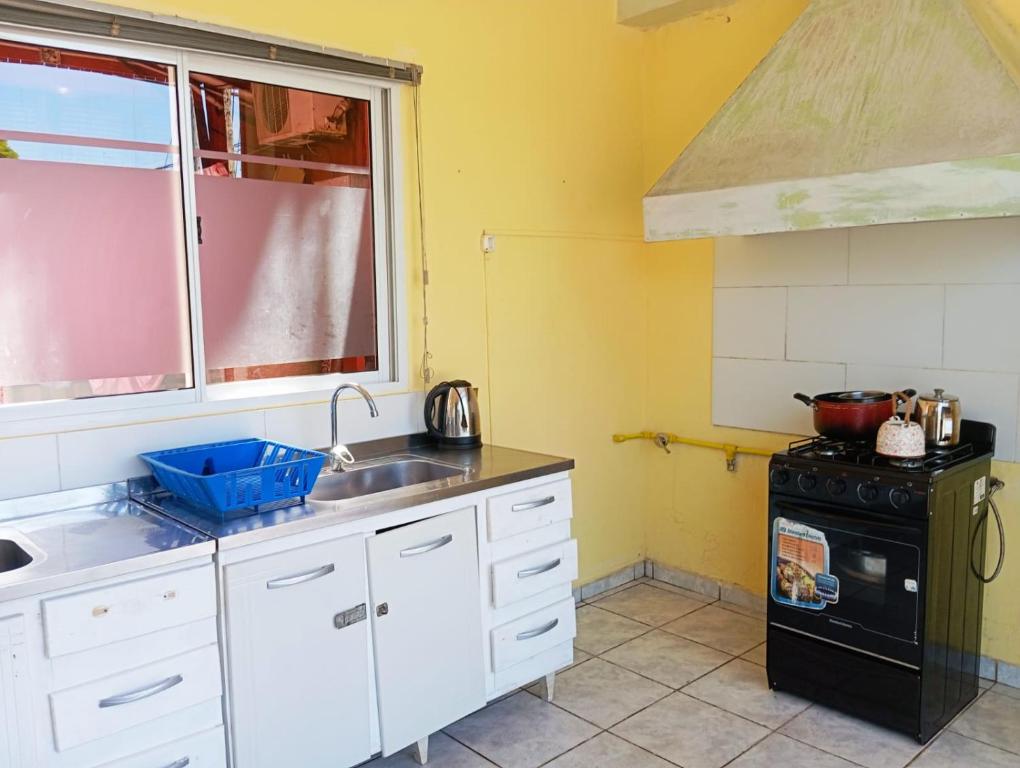 eine Küche mit Spüle und Herd in der Unterkunft Posada La Alemana in Puerto Iguazú