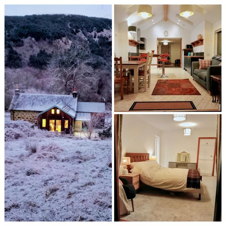 a collage of three pictures of a house with snow at Red Deer Cottage at Fanans in Oban