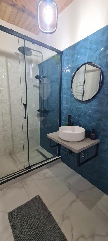 a bathroom with a sink and a glass shower at Complex Turistic Hor'A in Slănic