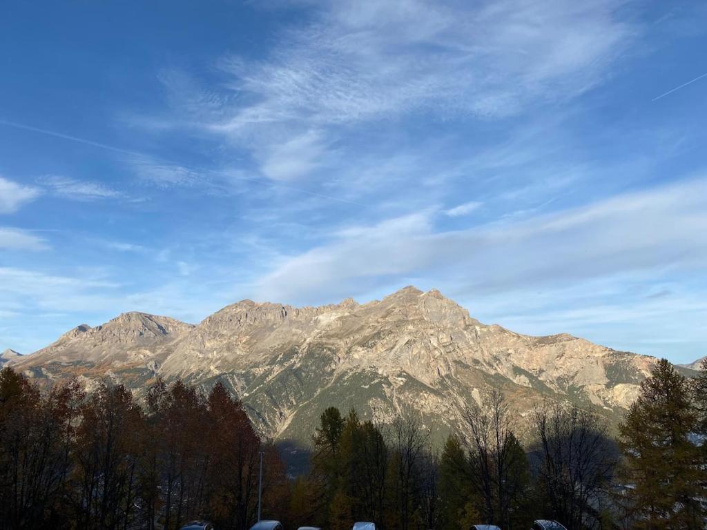 a view of a mountain range with trees in the foreground at Superbe appartement avec balcon in Puy-Saint-Vincent