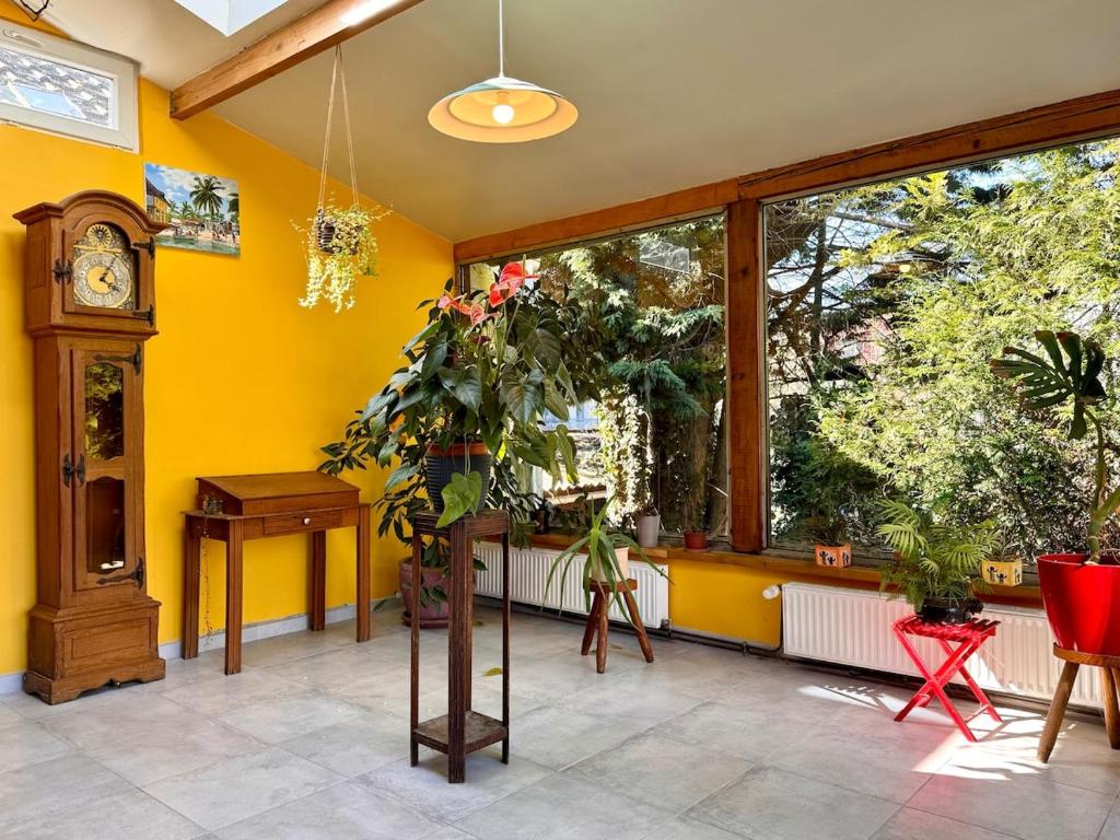 une chambre avec une horloge, une table et une plante dans l'établissement Antipodes, maison avec parking face au port, à Saint-Valery-sur-Somme