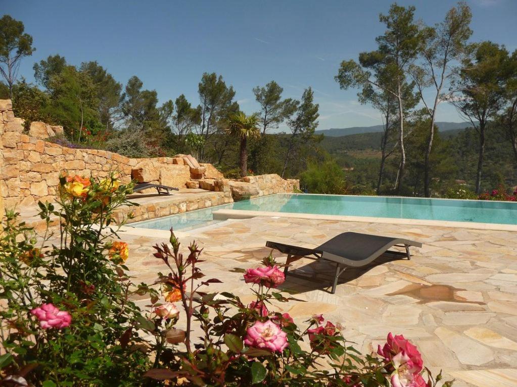 - une piscine avec une chaise et quelques fleurs dans l'établissement L'Olivade, à Entrecasteaux