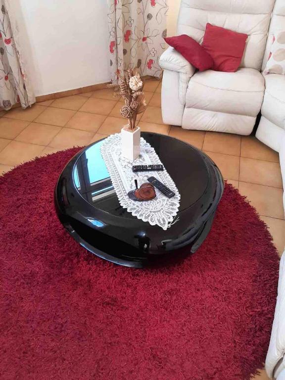 a black coffee table in a living room with a red rug at KARENGA house type F4 in Sainte-Anne