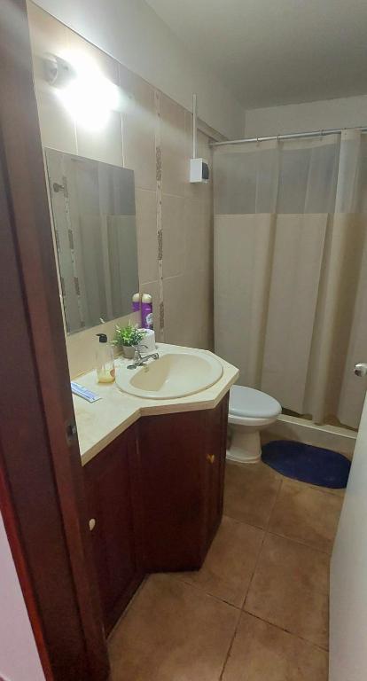 un bagno con lavandino, water e specchio di Habitaciones en Miraflores - Departamento compartido Maka's Home a Lima