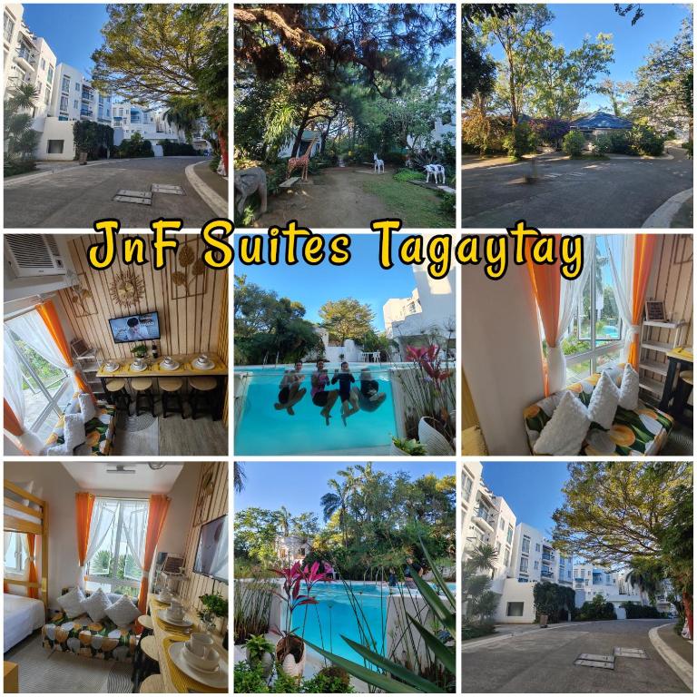 a collage of pictures of a hotel with a pool at JnF Suites Tagaytay in Tagaytay
