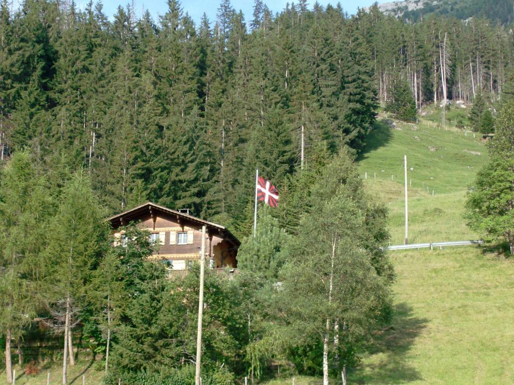 una casa en una colina con bandera canadiense en Chalet Weidli, en Achseten