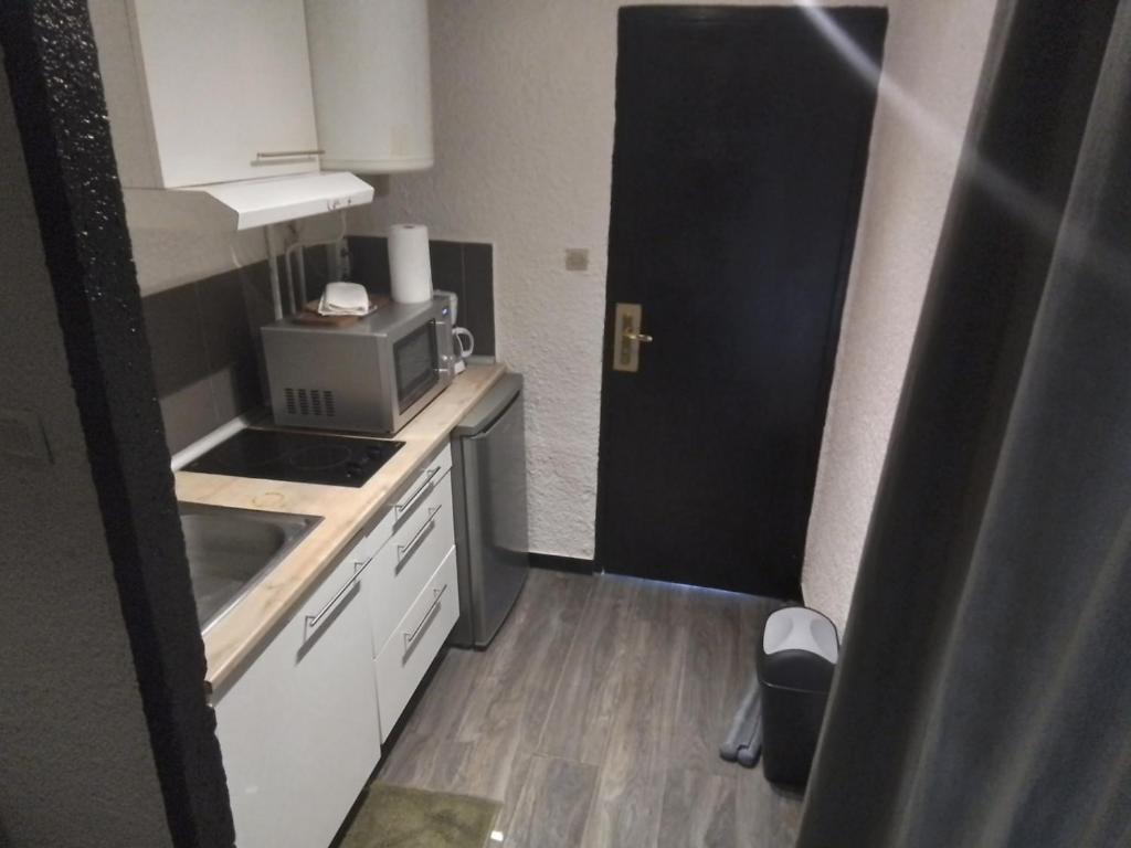 une petite cuisine avec un évier et un micro-ondes dans l'établissement Mas Dels Caminhs, à Villepinte