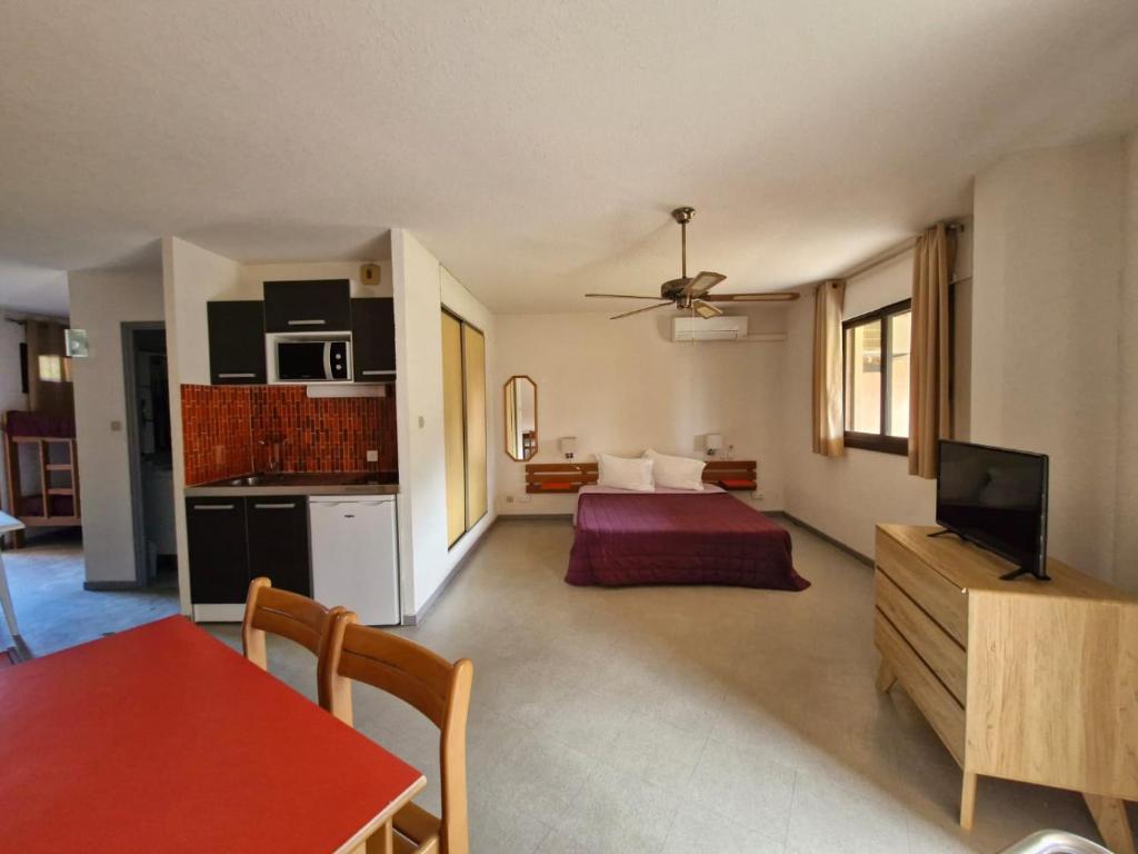 ein Wohnzimmer mit einem Bett und einer Küche in der Unterkunft Au Châtaignier Corse in Vico