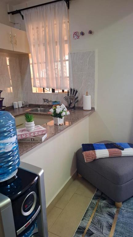 a kitchen with a couch and a counter top at Ponton Stays in Eldoret