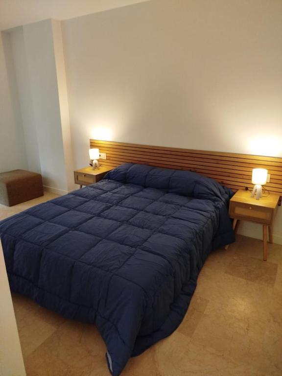 ein Schlafzimmer mit einem großen blauen Bett und zwei Nachttischen in der Unterkunft XELIÑA d in A Estrada