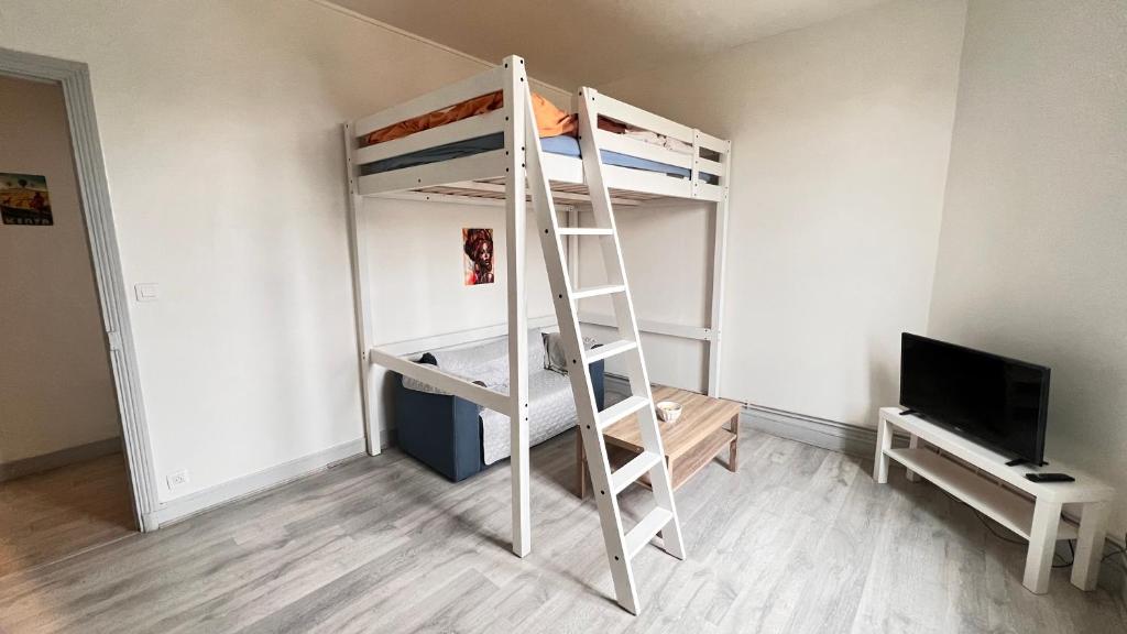 L'oasis de l'Yonne في Migennes: غرفة نوم مع سرير بطابقين وتلفزيون