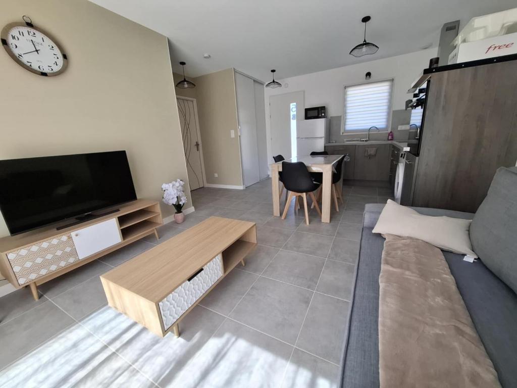 un salon avec un canapé et une télévision dans l'établissement Appartement 5B - Saintes, à Saintes