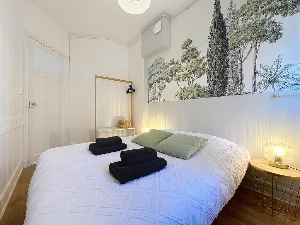 ein Schlafzimmer mit einem weißen Bett mit zwei Kissen darauf in der Unterkunft Vesle- Hyper Centre - 2 Chambres in Reims