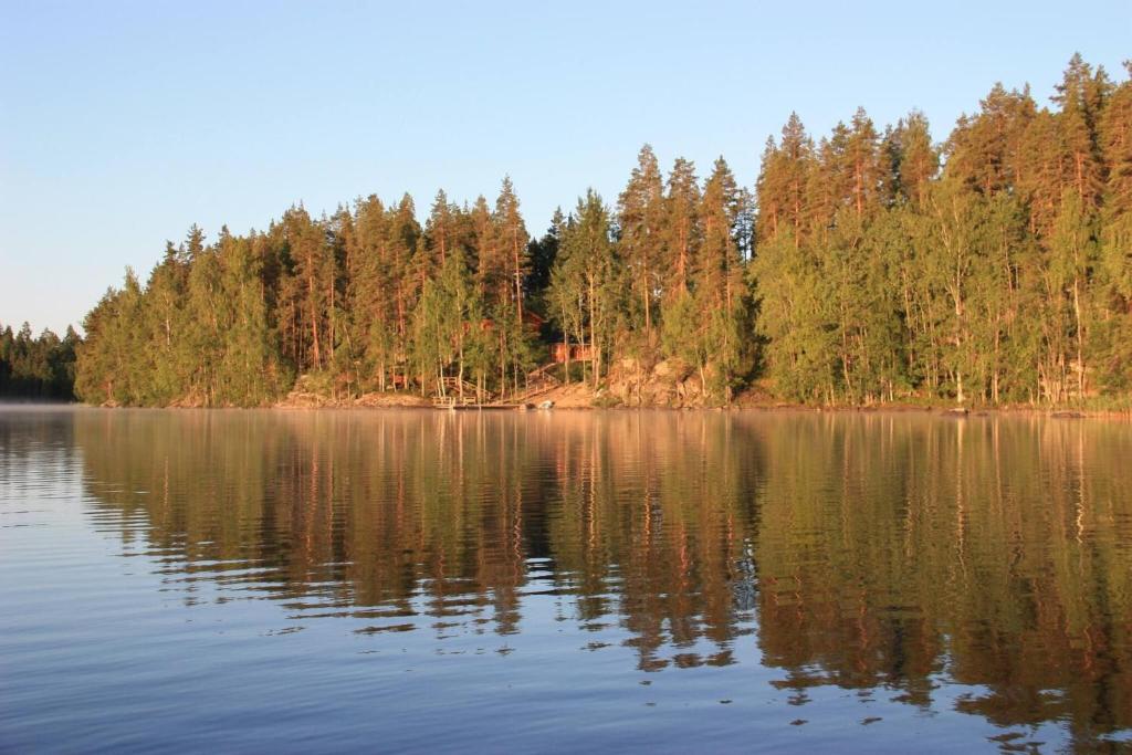 a large body of water with trees in the background at Spacious villa with great scenery and nature in Pertunmaa