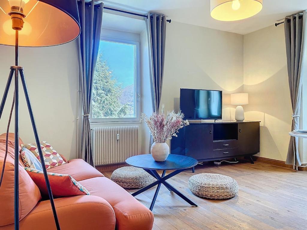 un salon avec un canapé et une télévision dans l'établissement Le Cocon de Colmyr - Vue sur le lac - Parking privé, à Annecy
