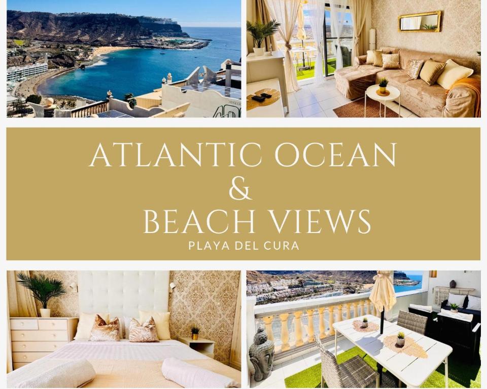 a collage of pictures of a living room and beach views at Atlantic Ocean & Beach Views - Playa Del Cura in Las Palmas de Gran Canaria