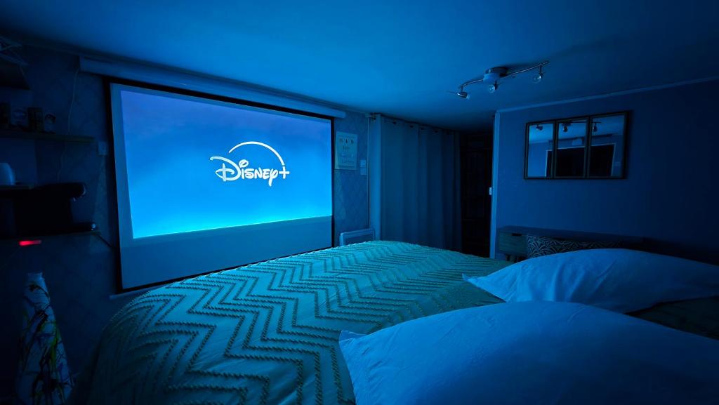 een slaapkamer met een groot scherm met een blauw licht bij Studio L'escale Chalonnaise in Châtenoy-le-Royal