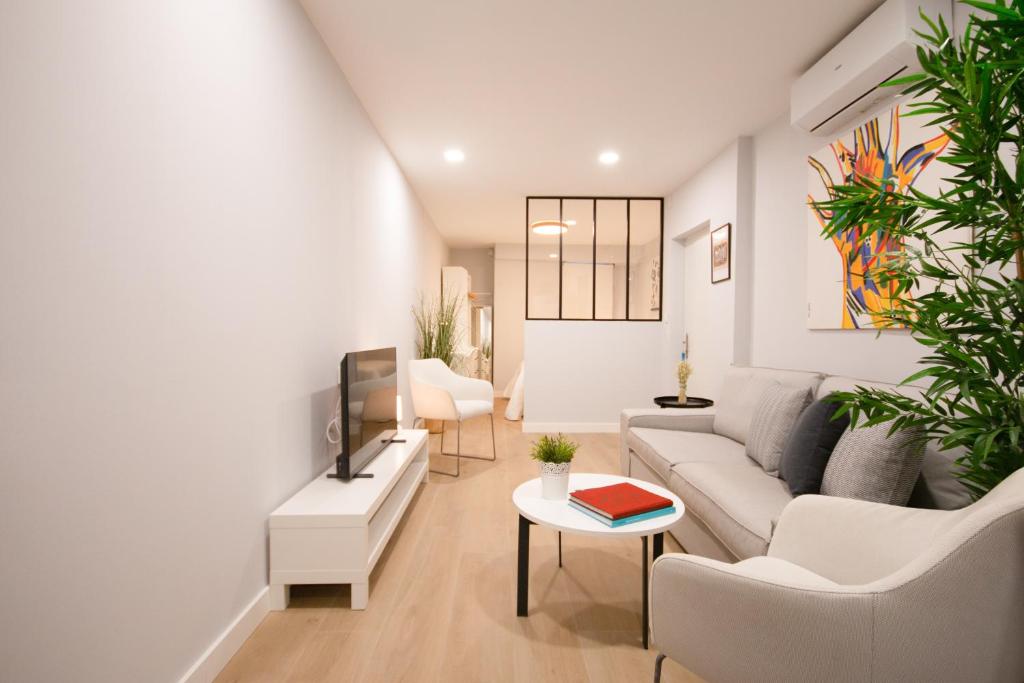 ein Wohnzimmer mit Couch und Fernseher in der Unterkunft LC Apartaments Fleming Moderno&Ubicación ideal I 3 Hab dobles I aire acondicionado in Castellón de la Plana