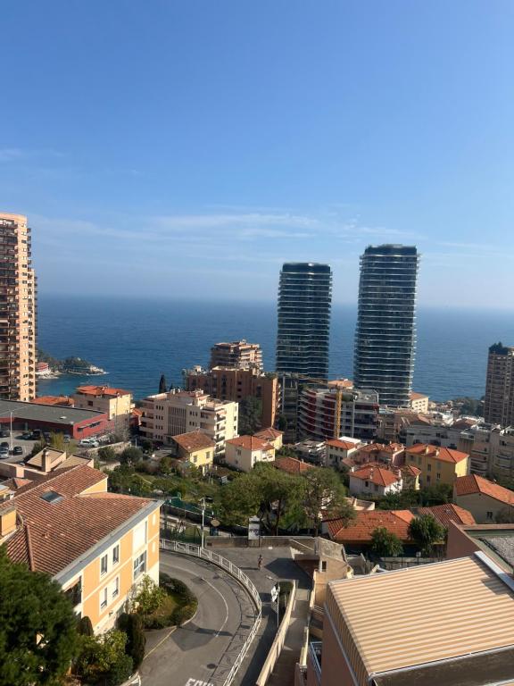 博索莱伊Studio vue mer proche monaco的一座拥有高楼和海洋的城市