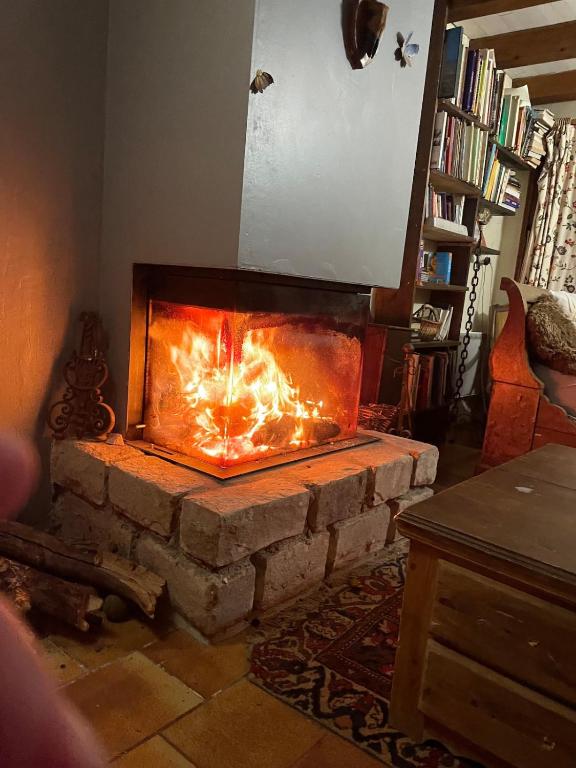 - une cheminée dans le salon dans l'établissement Rustic Forest House, Barbizon, à Arbonne