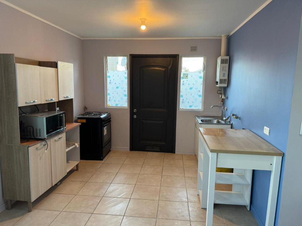 a kitchen with a sink and a black door at Casa independiente muy acogedora in Puerto Varas