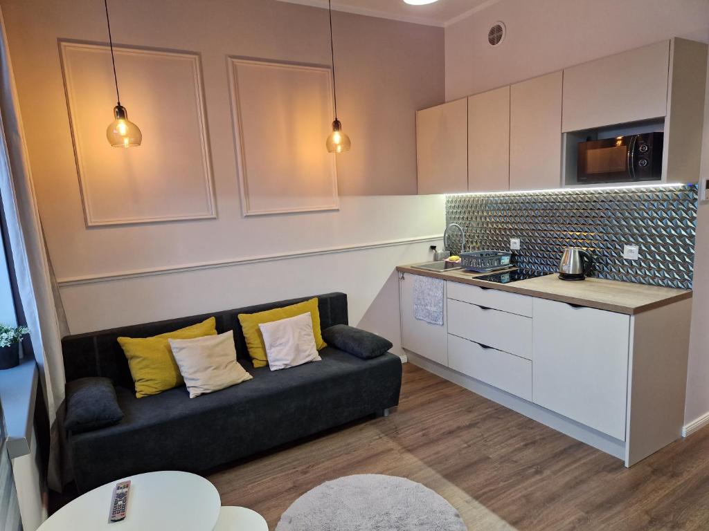 a living room with a couch and a kitchen at Polonia Apartments in Łódź