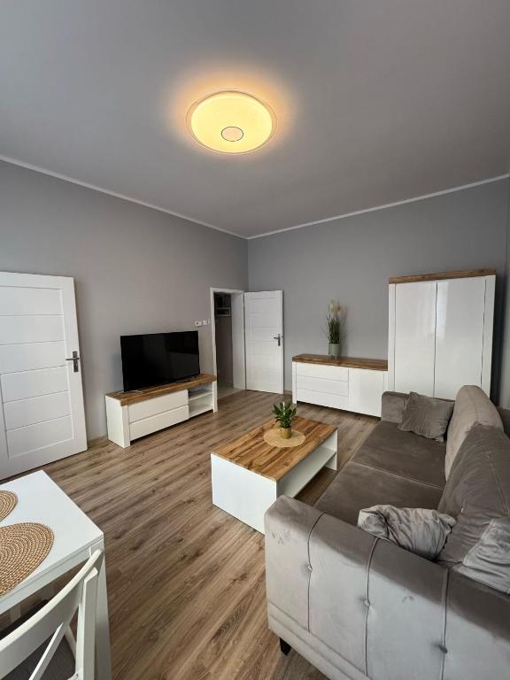 a living room with a couch and a television at Apartament Kapitańska in Szczecin