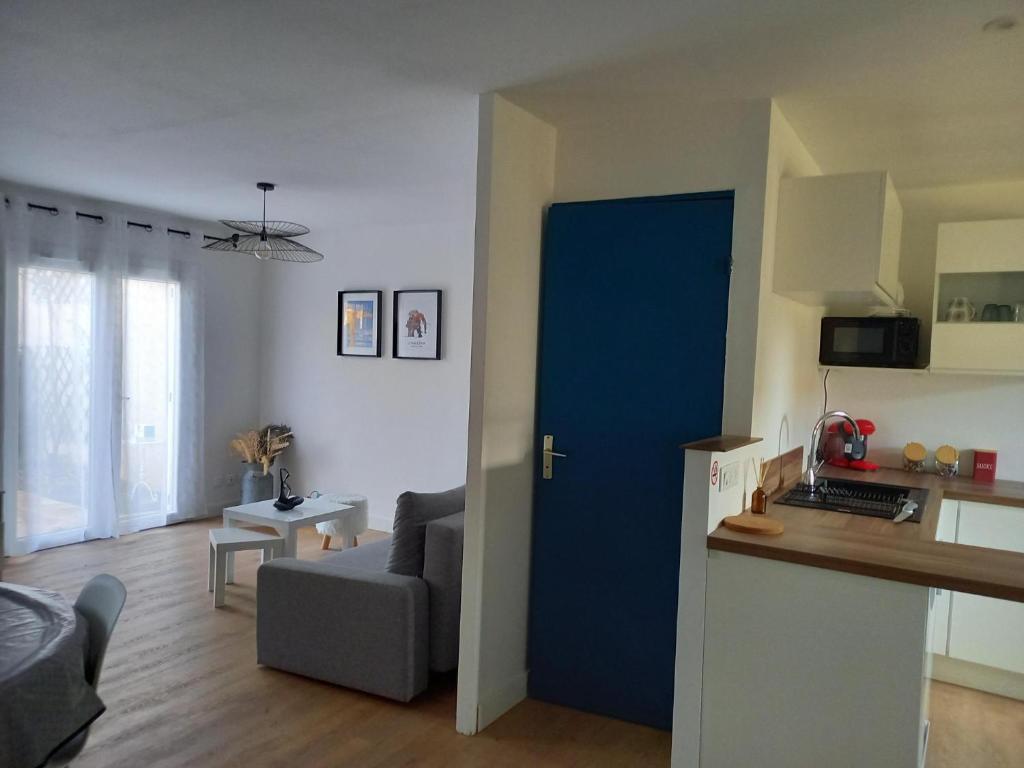 kuchnia i salon z niebieskimi drzwiami w obiekcie Une Parenthèse Enchantée w mieście Saint-Sébastien-sur-Loire