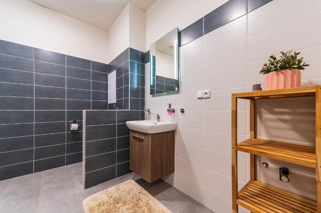 łazienka z umywalką i lustrem w obiekcie Apartmán Lipno G11 w mieście Frymburk