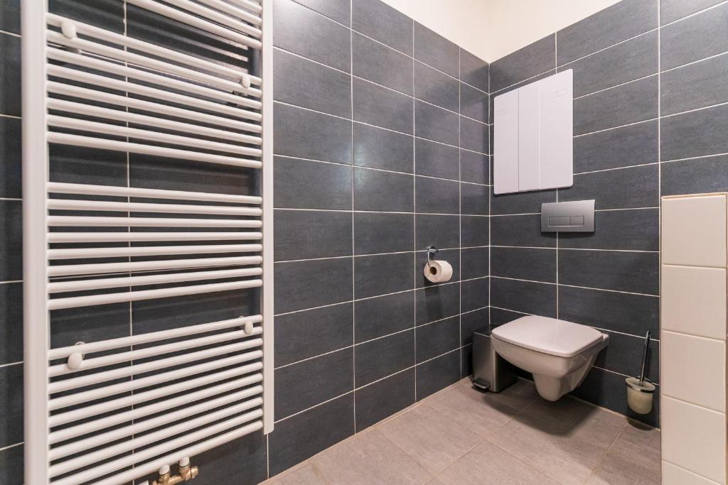 łazienka z toaletą i lustrem w obiekcie Apartmán Lipno G11 w mieście Frymburk