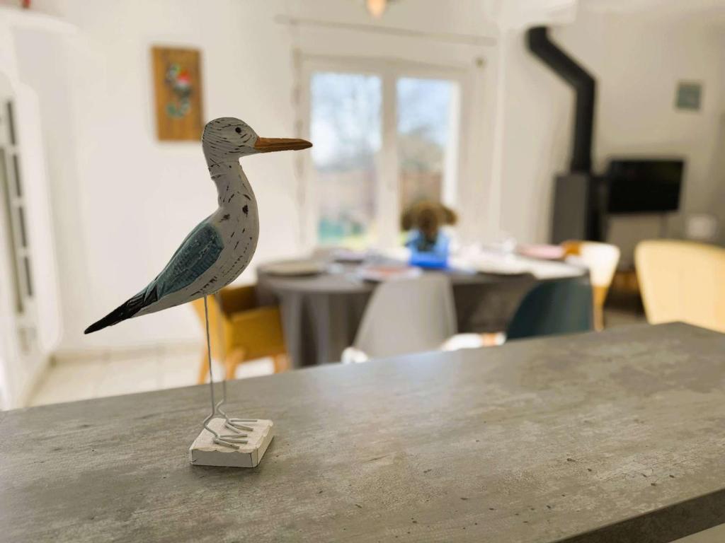 un oiseau en plastique posé sur une table dans l'établissement Maison lumineuse à Beg-Meil, proche plages et commerces - FR-1-481-174, à Fouesnant
