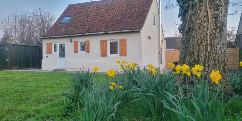 une maison blanche avec des fleurs jaunes dans la cour dans l'établissement Little House, à Zutkerque