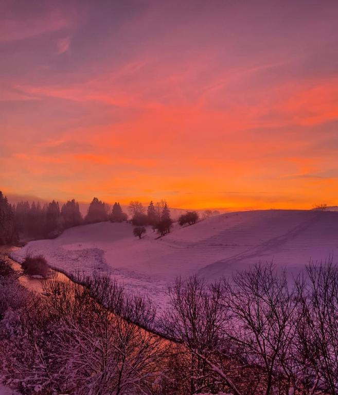 un champ enneigé avec un coucher de soleil en arrière-plan dans l'établissement O'fil du Doubs Apartment, à Labergement-Sainte-Marie