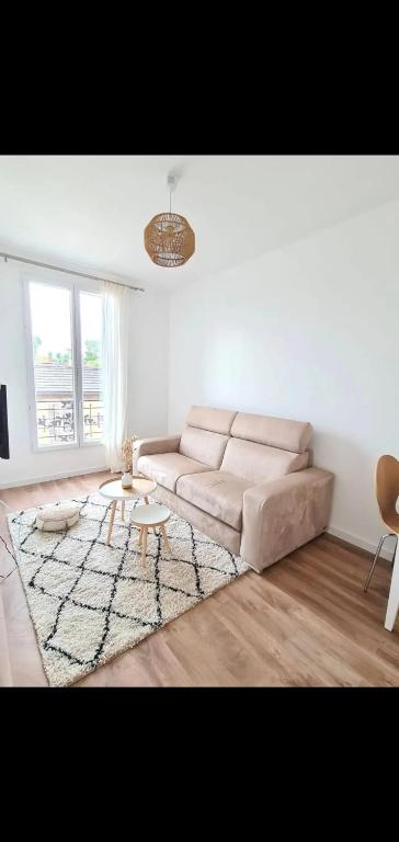 - un salon avec un canapé blanc et un tapis dans l'établissement Appartement cosy à Saint-Denis, 35 m², pour 4 personnes, à Saint-Denis
