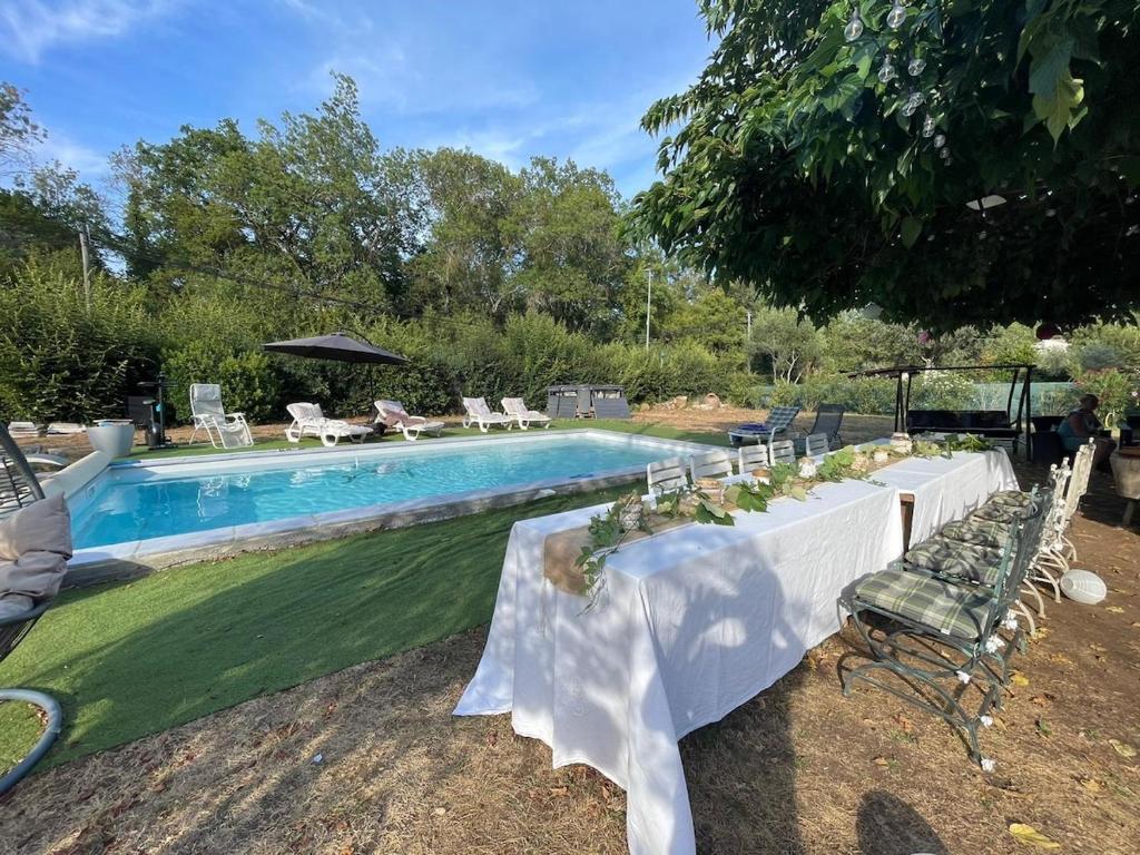 - une piscine avec une table et des chaises à côté dans l'établissement Bergerie Mémoire du Temps Logement entier dans maison partagée, à Roquefort-les-Pins