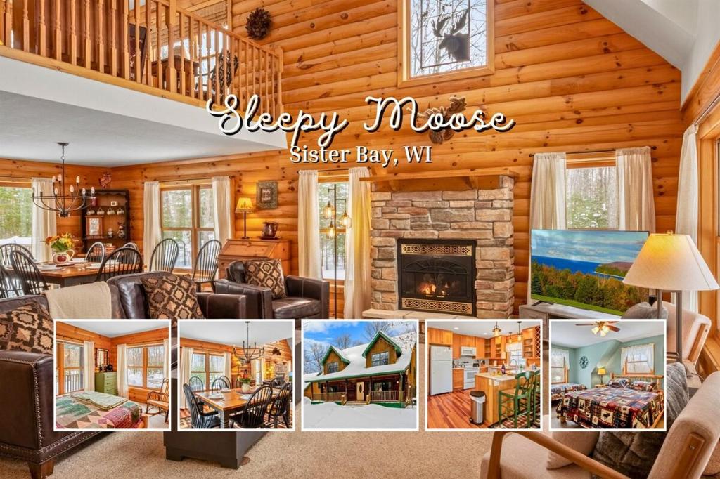 Posezení v ubytování Sleepy Moose - New! Log Cabin in Sister Bay, Dogs and Near Beach
