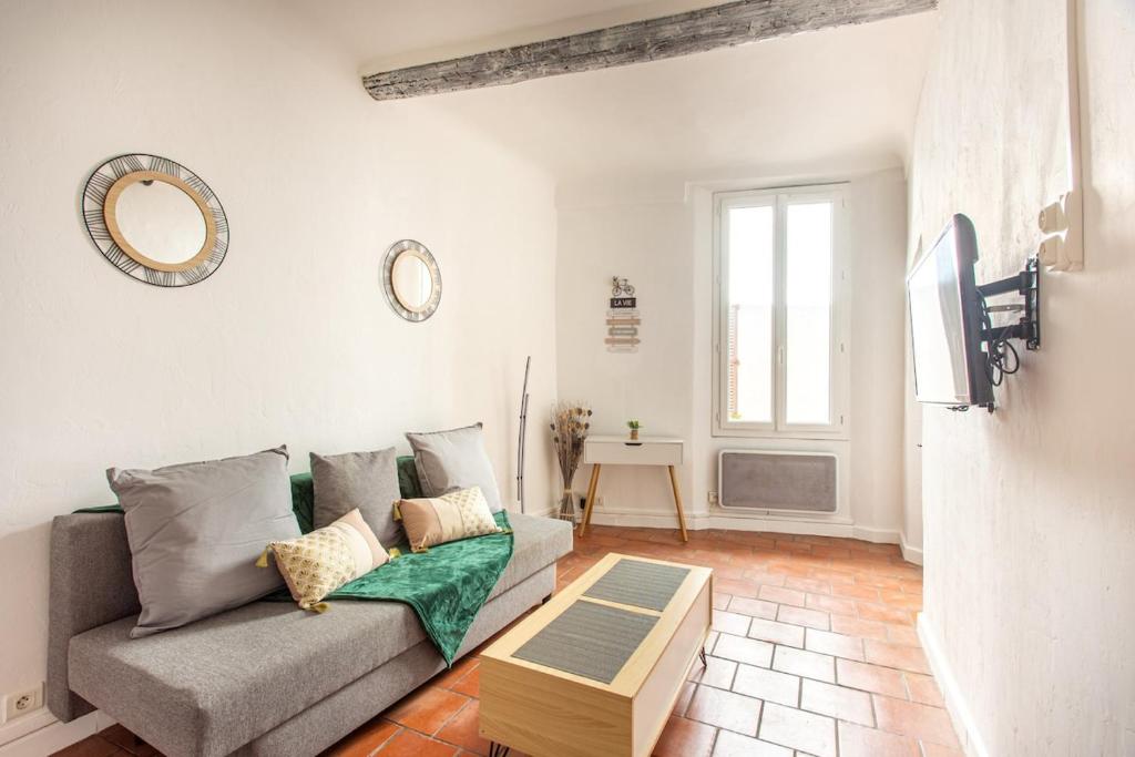 un salon avec un canapé et une table dans l'établissement Charm of Vieil Antibes, quiet 2-4pers, à Antibes