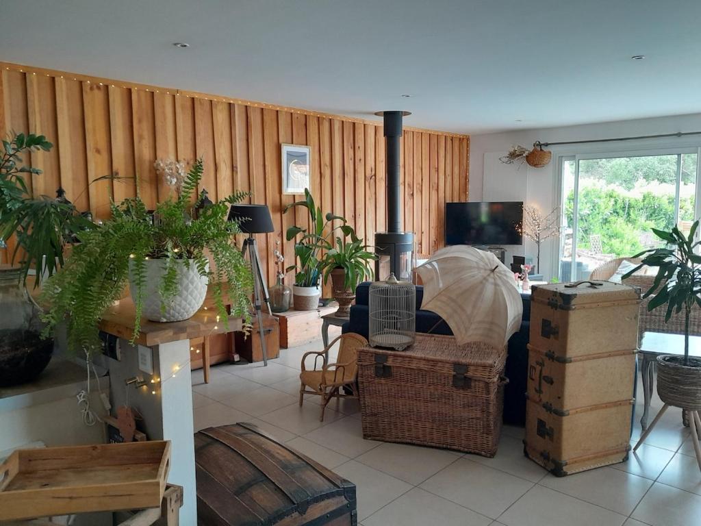 un salon rempli de meubles et de plantes dans l'établissement Jolie maison avec piscine en centre village, à Salles