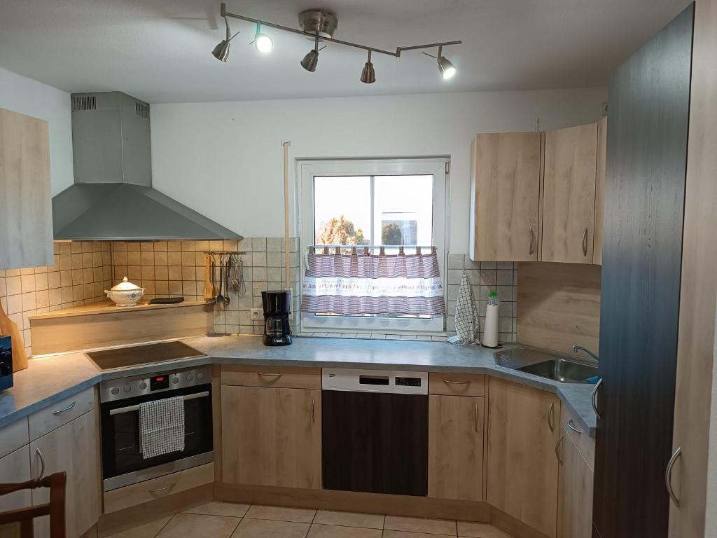 a kitchen with wooden cabinets and a sink and a window at Ferienhaus an der Ronneburg in Ronneburg