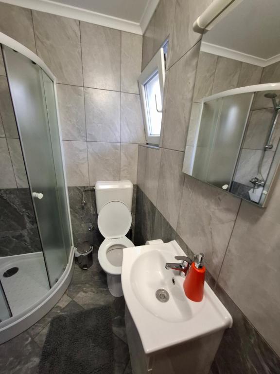a bathroom with a sink and a toilet and a mirror at Morena in Pula