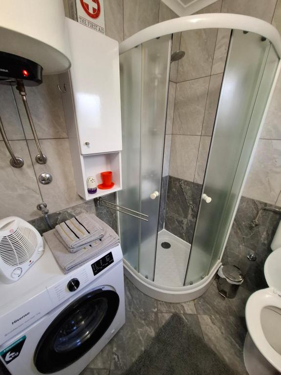 a washing machine in a bathroom with a shower at Morena in Pula