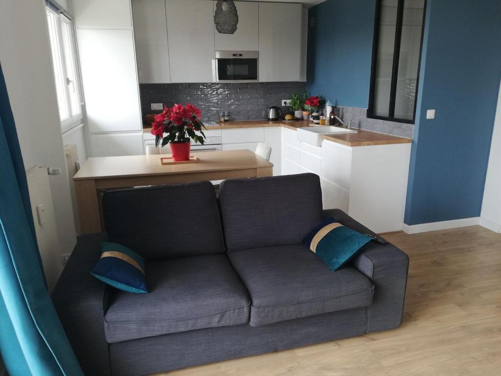 un salon avec un canapé et une cuisine dans l'établissement Logement et parking privé proche centre, à Reims